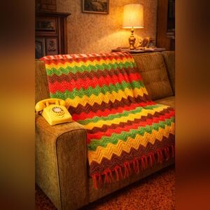 Vintage 1970s Handmade Crochet Afghan Quilt – Retro Zigzag Pattern – 56” x 45”